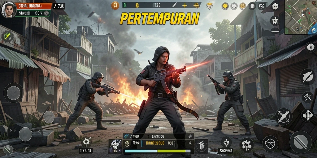 Tampilan gameplay mendebarkan dari 73K dengan strategi pertempuran yang intens.