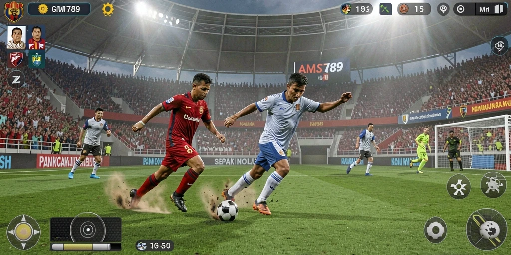 Tampilan gameplay seru di AMS789 dengan aksi sepak bola nyata.