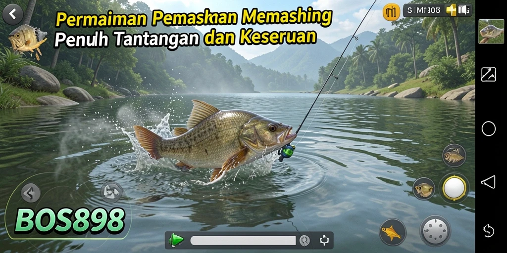 Gameplay menampilkan pemain menangkap ikan di lokasi yang indah.