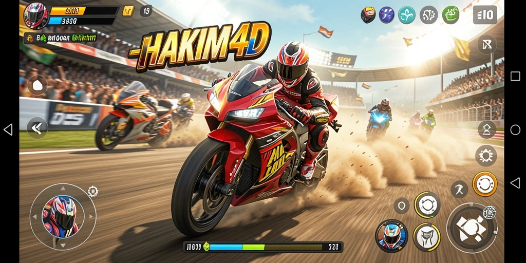 Gameplay HAKIM4D dengan aksi balapan motor yang mendebarkan.