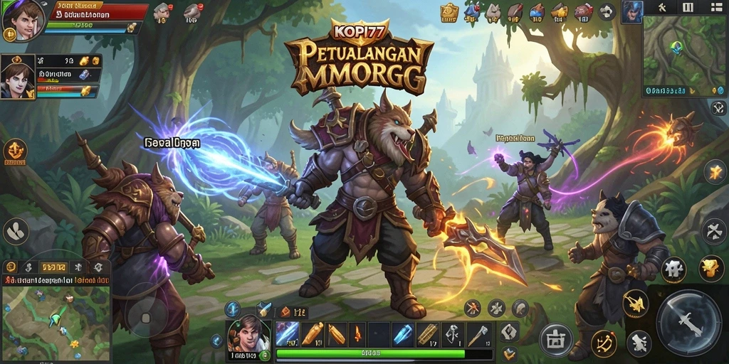 Screenshot dari gameplay KOPI77 menampilkan pertarungan epik di dunia MMORPG.