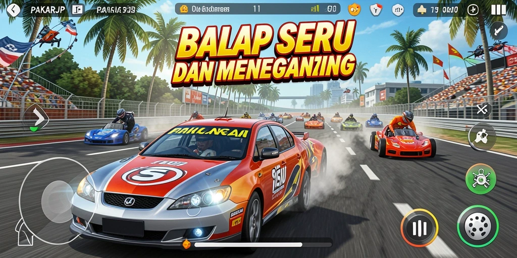 Tangkapan layar gameplay dari PAKARJP menunjukkan balapan yang memacu adrenalin.